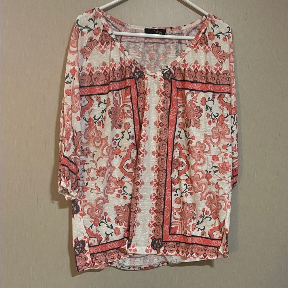 Suzanne Betro large orange pink peachy floral boho top